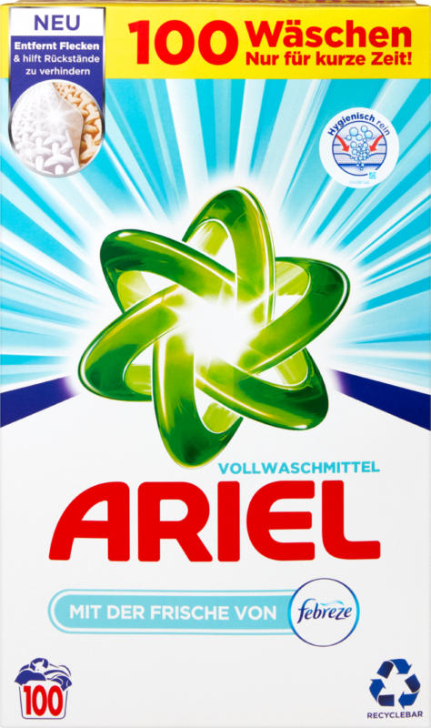 Detersivo in polvere Regular Febreze Ariel, 100 cicli di lavaggio, 6,5 kg