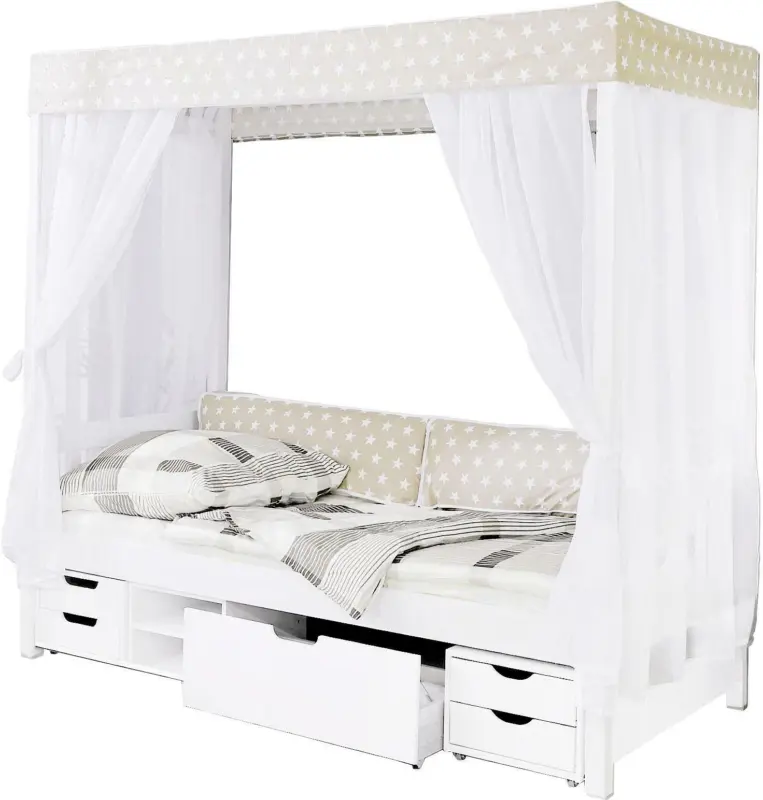 Himmelbett 'Lino', aus Kiefer, weiß/beige