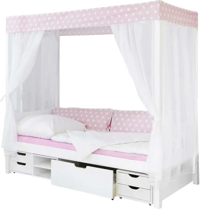 Himmelbett 'Lino', aus Kiefer, rosa/weiß