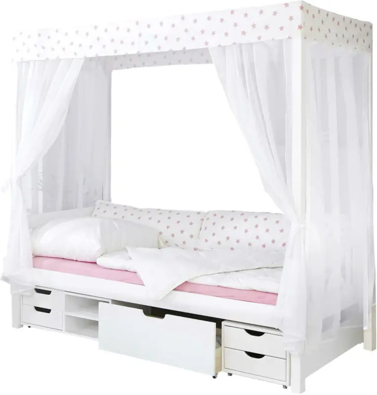 Himmelbett 'Lino', aus Kiefer, wei&szlig;/hellrosa