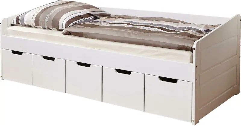 Stauraumbett 'Micki', aus Kiefer, weiß