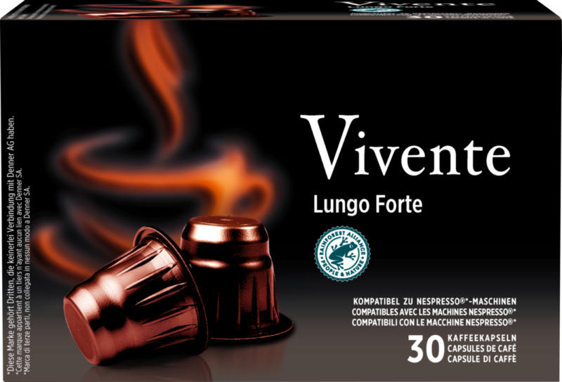 Capsules de café Vivente Denner, Lungo Forte, compatibles avec les machines Nespresso®, 30 capsules