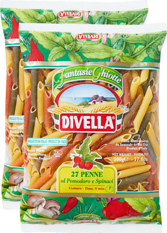 Penne al pomodoro e spinaci 27 Divella, aux tomates et épinards, 2 x 500 g