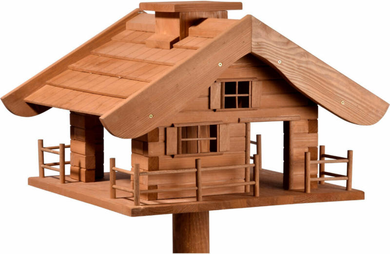 XXL-Vogelfutterhaus „Almhütte“, inkl. Ständer, 66x66x136,5 cm, mit Futtersilo, Kiefer, Braun