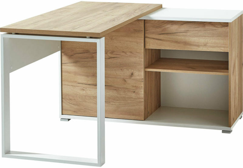 Schreibtisch „Lionel“, mit integriertem Sideboard, 120x75x117 cm, weiß/Navarra-Eiche-Nachbildung