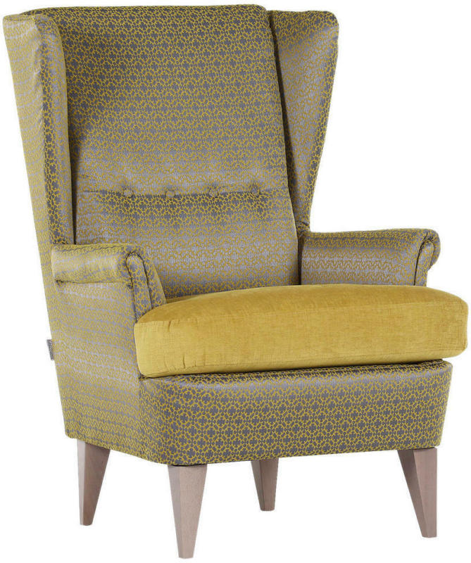 Ohrensessel in Holz, Textil Gelb, Grau, Eichefarben