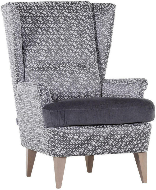 Ohrensessel in Holz, Textil Grau, Weiß, Eichefarben
