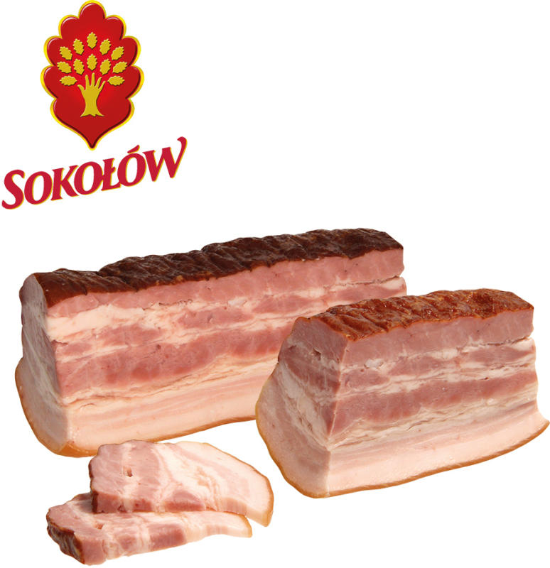 Schweinebauch gepoekelt, gegart und geraeuchert.