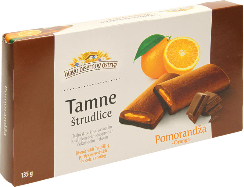Kakaohaltiger Kuchen mit Schokoladenglasur und einer Fruchtfuellung mit Orangengeschmack