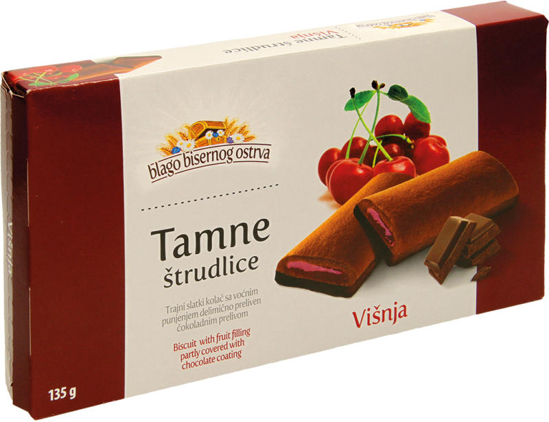 Kakaohaltiger Kuchen mit Schokoladenglasur und einer Fruchtfuellung mit Sauerkirschgeschmack