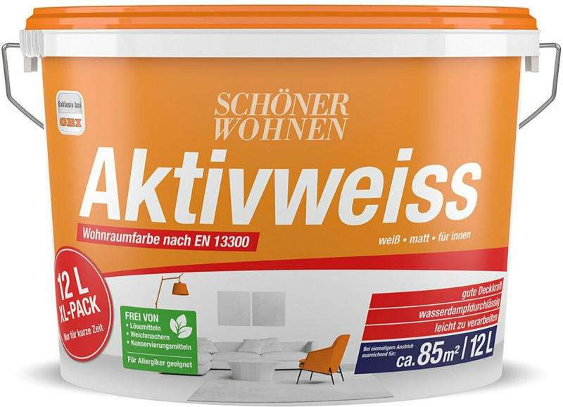 Schöner Wohnen Innenwandfarbe Aktivweiss konservierungsmittelfrei matt 12 Liter