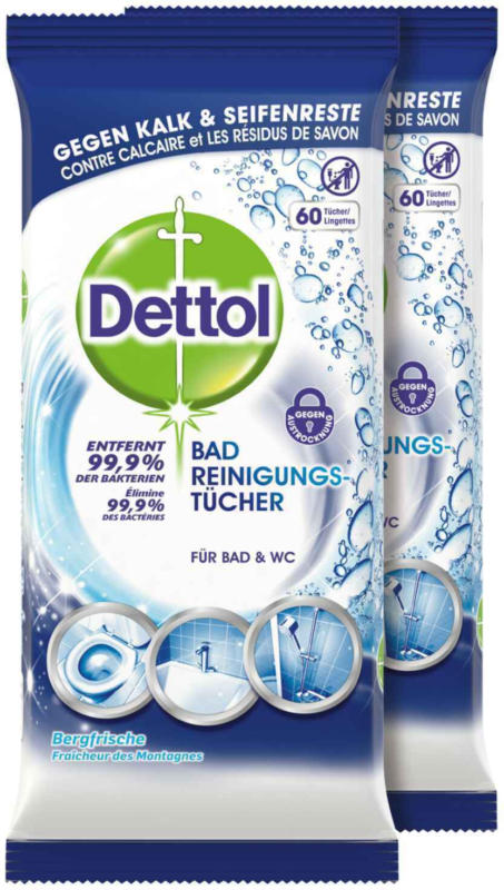 Dettol Lingettes nettoyantes pour salle de bains, 2 x 60 lingettes -