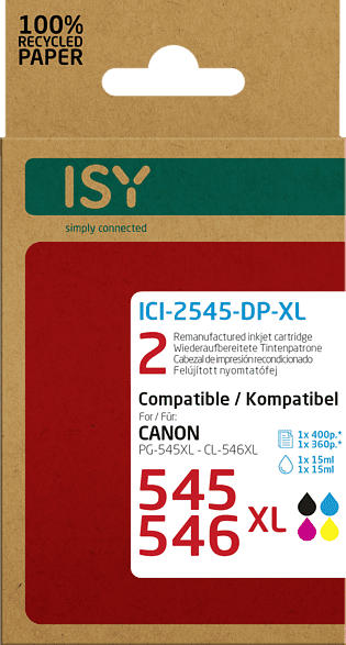 ISY ICI-2545-DP-XL wiederaufbereitete Tintenpatronen ersetzen Canon PG-545XL black und CL-546XL colour; wiederaufbereitete Tonerpatrone