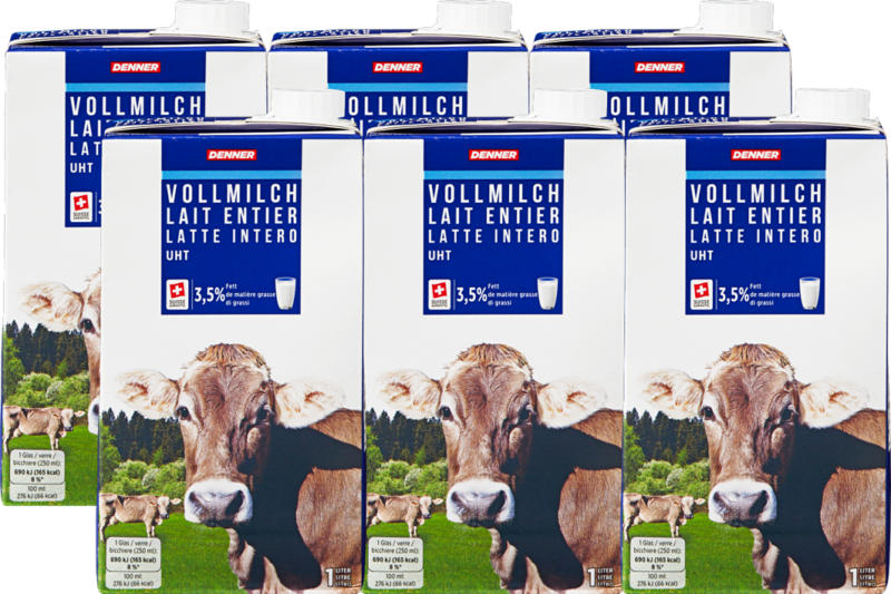 Lait entier Denner, UHT, 3,5% de matière grasse, 6 x 1 litre