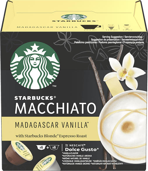 Starbucks Madagascar Vanilla Macchiato für NESCAFÉ DOLCE GUSTO (12 Kapseln/6 Getränke); Kaffee-Pad