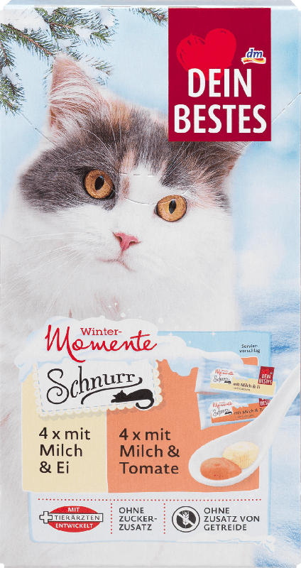 Dein Bestes Wintermomente Schnurr, Snack für Katzen, 4 x mit Milch und Ei, 4 x mit Milch und Tomate, 8 St