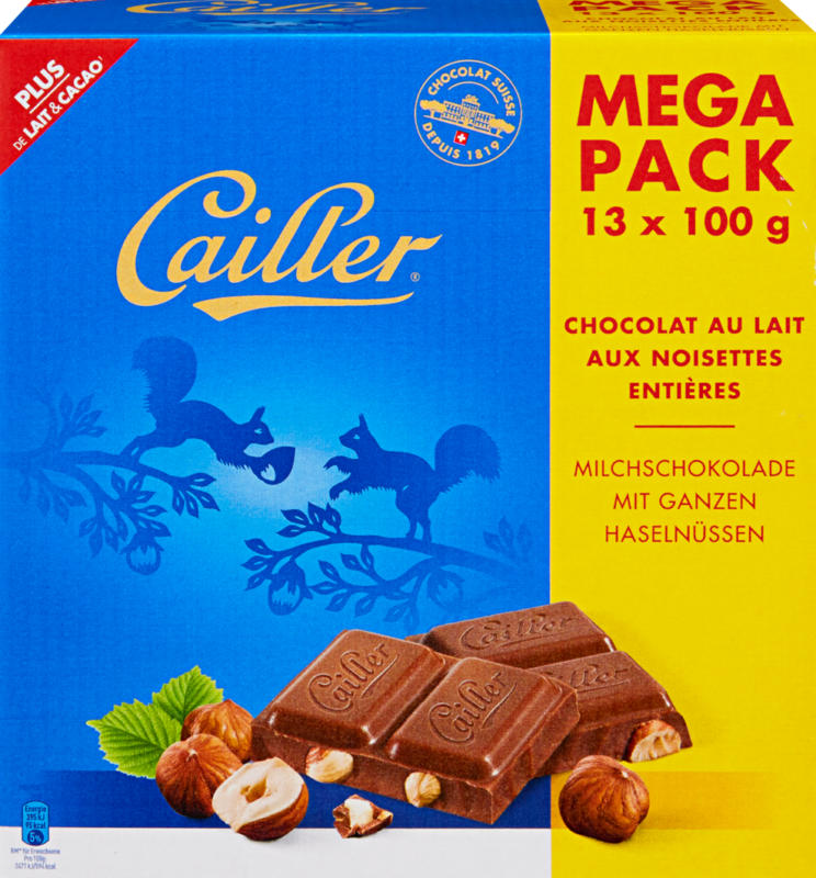 Cailler Tafelschokolade, Milch, ganze Haselnüsse, 13 x 100 g