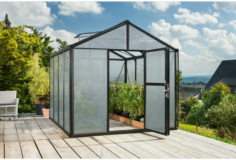 Gewächshaus „Zeus 8100 ESG“, 8,1m², 10mm, Hohlkammerplatte, schwarz Silber | 8,1 m² | Hohlkammerplatte | 10 mm