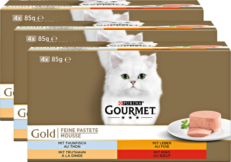Purina Gourmet Gold Katzenfutter, Feine Pastete, assortiert, 3 x 4 x 85 g