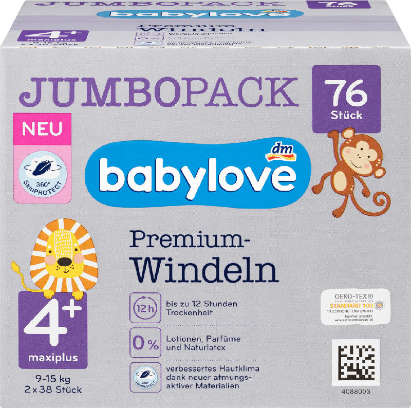 babylove Windeln Premium Gr. 4+, Maxiplus, 9-15 kg, Jumbo Pack