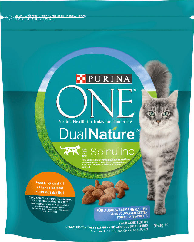 PURINA ONE Trockenfutter für Katzen, dual nature mit Spirulina & Huhn, adult