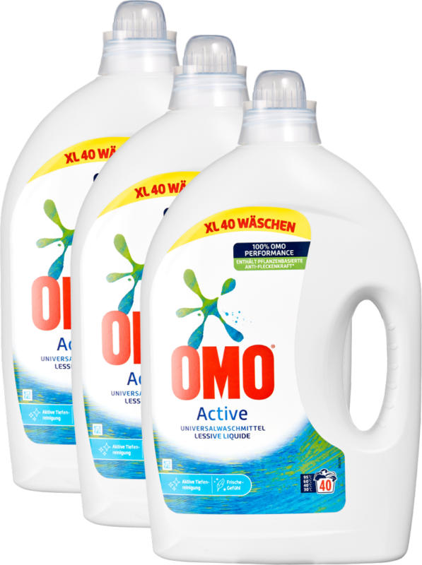 Omo Flüssigwaschmittel Regular, 3 x 40 Waschgänge, 3 x 2 Liter