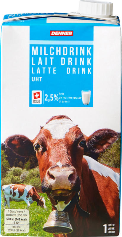 Denner Milchdrink, UHT, 2,5% Fett, 12 x 1 Liter
