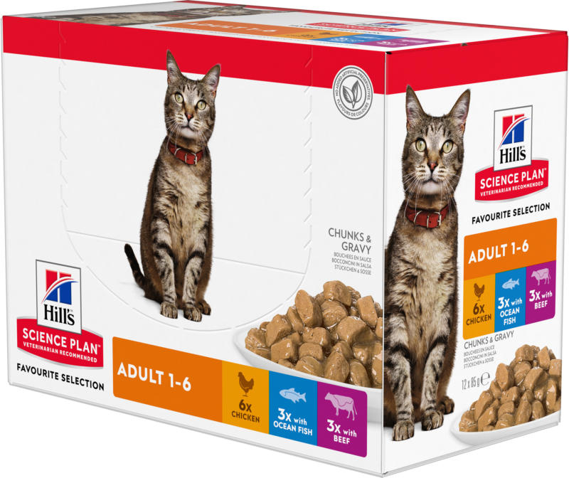 Hill's Chat Science Plan Aliment pour Chat Adulte Poulet, au Boeuf & au Poisson de Mer Mutlipack 12x85g