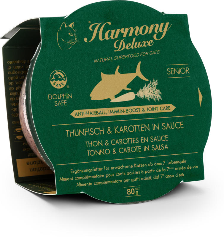 Harmony Cat Deluxe Cup Senior Thunfisch & Karotten Anti-Hairball Immun-Boost 24x80g