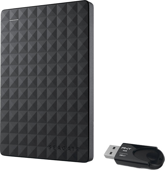Seagate 2TB Festplatte Expansion+ Portable mit 64GB PNY USB Stick, HDD, Extern, Schwarz