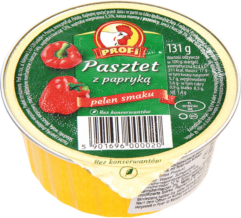 Geflügelhaltiger Brotaufstrich mit Hähnchenseparatorenfleisch nach Art einer Kochstreichwurst polnischer Art mit Paprika. Mit Sojaeiweiß, mit Teilen vom Schwein.