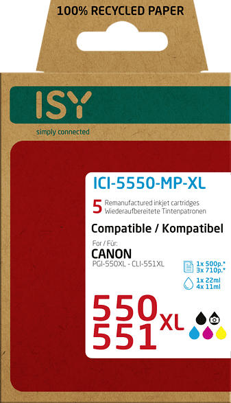 ISY Tintenpatronen ICI-5550-MP-XL für Canon 550XL & 551XL, schwarz/farbig, wiederaufbereitet