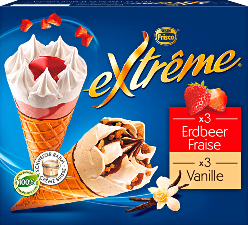 Frisco Cornets Extrême, assortiert: Erdbeer, Vanille, 6 x 145 ml