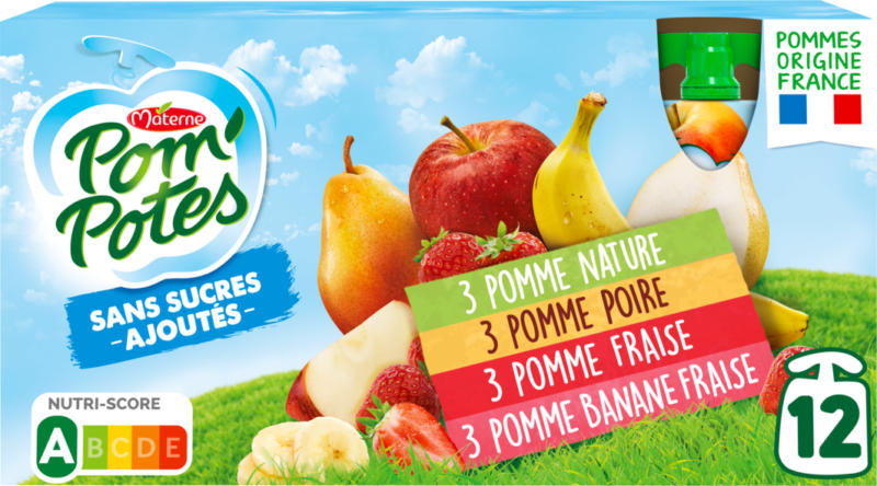 Materne Pom’Potes Trinkbeutel, assortiert, ohne Zuckerzusatz, 12 x 90 g