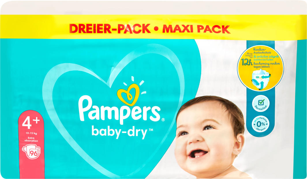 Profital - Couches Baby-Dry Pampers, Taille 4+ (Maxi Plus), 10-15 kg, 96  pièces CHF 26,95 chez Denner