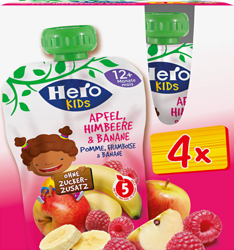 Hero Kids Smoothie, Apfel, Himbeere, Banane, 4 x 120 g