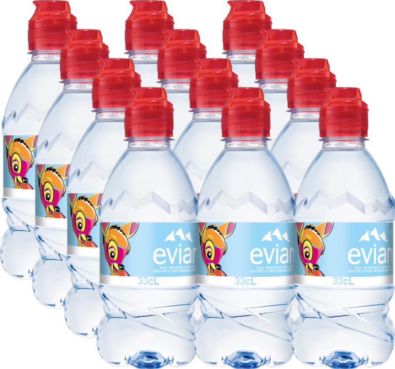 Acqua minerale con tappo push & pull Evian, non gassata, 12 x 33 cl