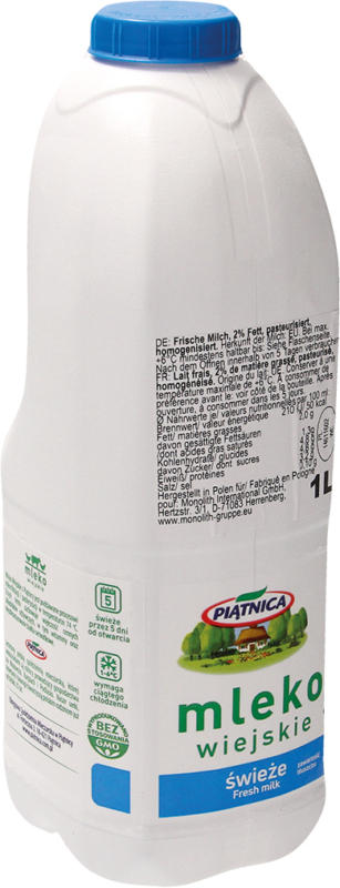 Frische Milch, 2% Fett, pasteurisiert, homogenisiert.