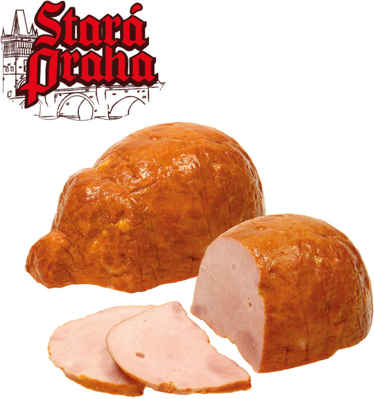Glücksferkel-Formfleisch, aus Fleischstücken zusammengefügt, gepökelt, gegart, mit Raucharoma verfeinert