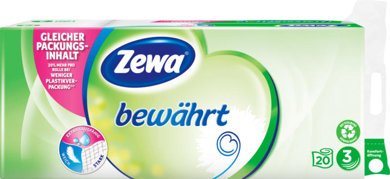 Zewa bewährt Toilettenpapier, Weiss, 3-lagig, 20 x 180 Blatt