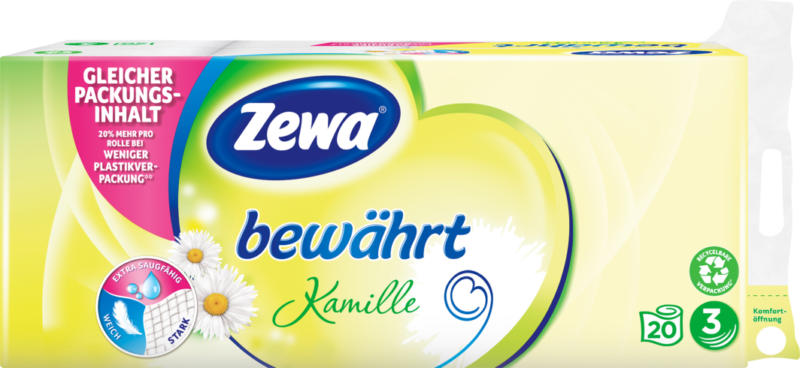 Carta igienica Zewa bewährt, Camomilla, a 3 veli, 20 x 180 strappi