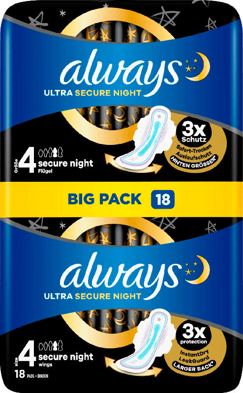 always Damenbinden Ultra Secure Night 4 mit Flügeln BigPack