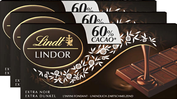 Tavoletta di cioccolata Extra Fondente Lindor Lindt, 60% Cacao, 3 x 100 g