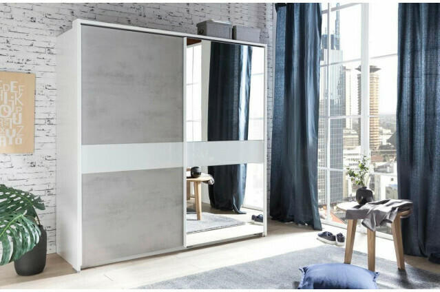 Schwebetürenschrank Weimar weiß/Abs. Betonoptik lichtgrau 180 cm