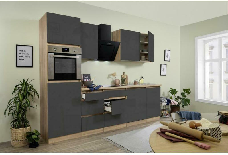 Küchenzeile Premium mit Geräten 280 cm Grau/Eiche Dekor Modern