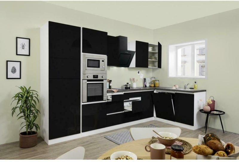 Küchenzeile Premium mit Geräten 345 cm Weiß/Schwarz Hochglanz