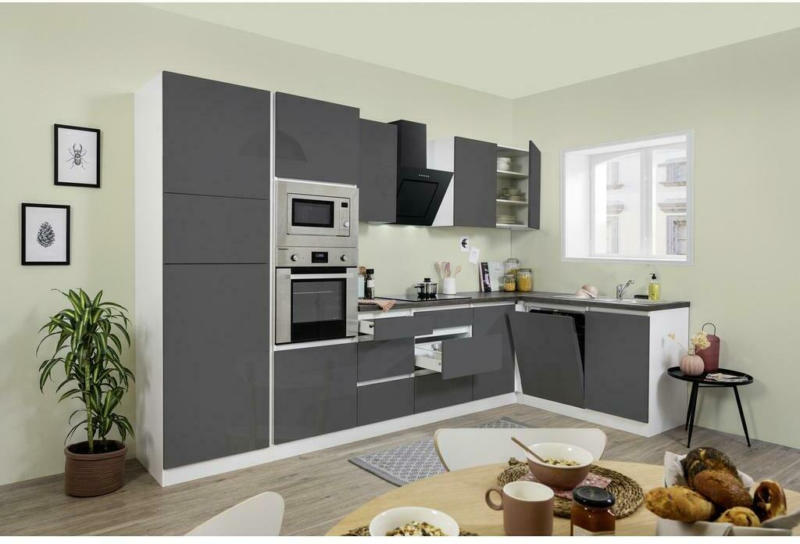 Küchenzeile Premium mit Geräten 345 cm Weiß/Grau Hochglanz