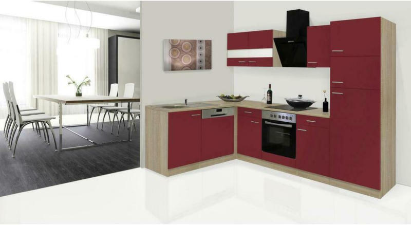 Einbauküche Eckküche Möbelix Economy mit Geräten 172x280 cm Rot/Eiche Dekor