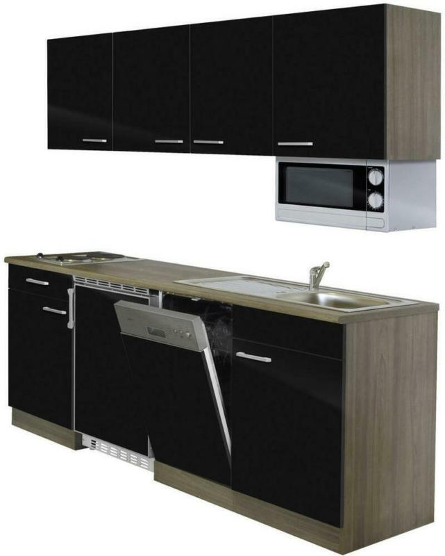 Küchenzeile Economy mit Geräten 195 cm Schwarz/Eiche Dekor