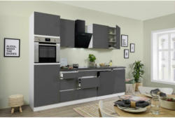 Küchenzeile Premium mit Geräten 280 cm Weiß/Grau Hochglanz